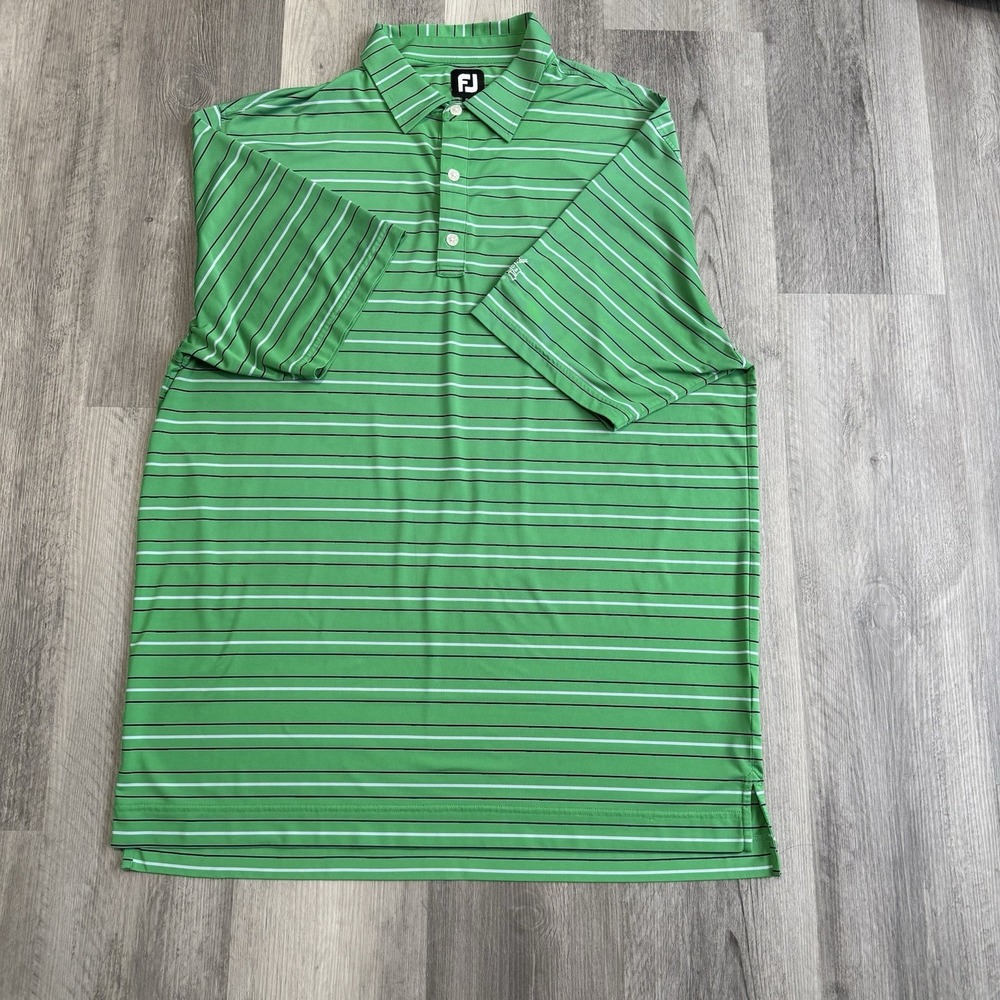 Men's FootJoy FJ Green Black And White Striped  Golf Polo Shirt Stretch Size XL